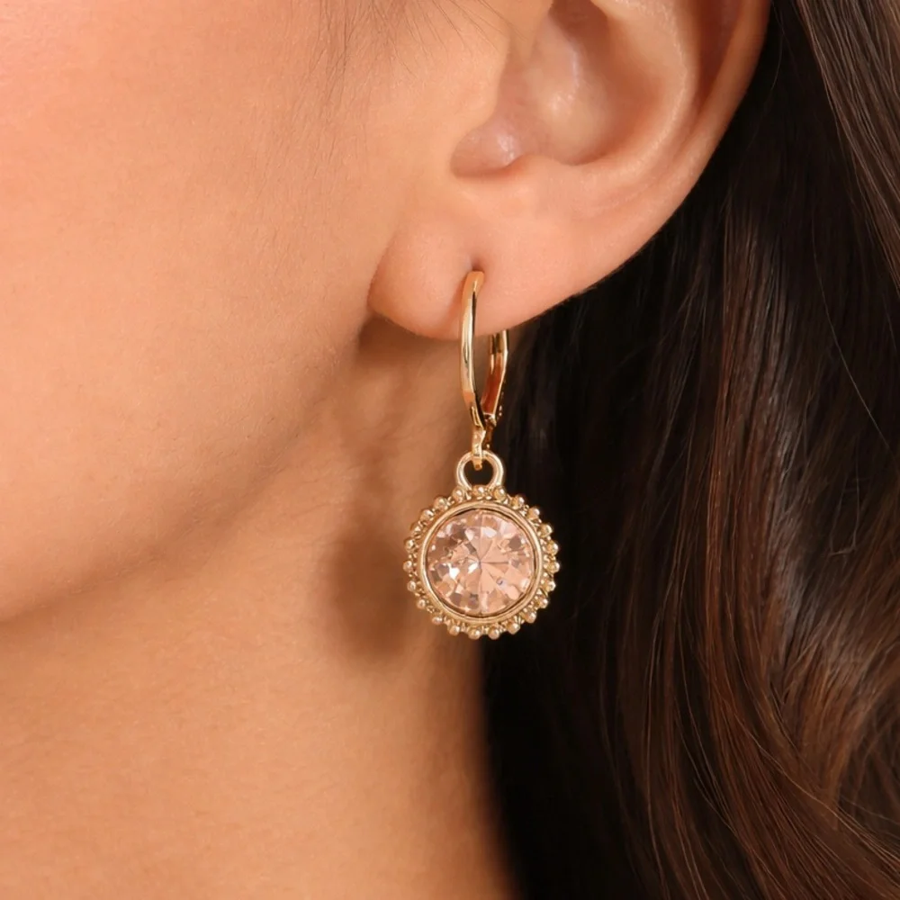 Vintage Style Crystal Drop Earrings | Peach Rose Leverback Gold Tone